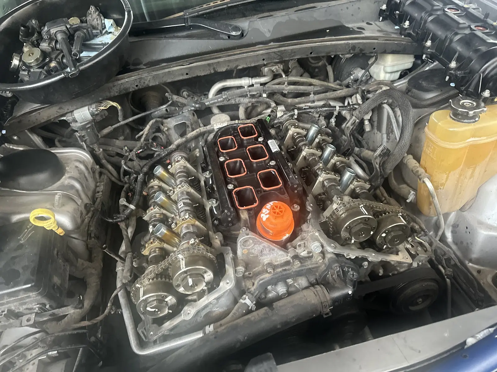 V8 engine bay with the intake manifold removed showing the engine valley